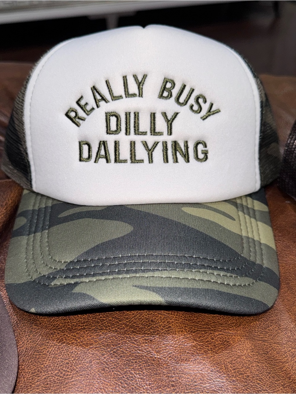 OTTO White and Green Camouflage Trucker Hat - "Really Busy Dilly Dallying"
